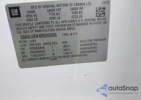 2013 GMC Terrain Slt-1 z USA, uszkodzony, nr VIN 2GKALUEK4D6203360